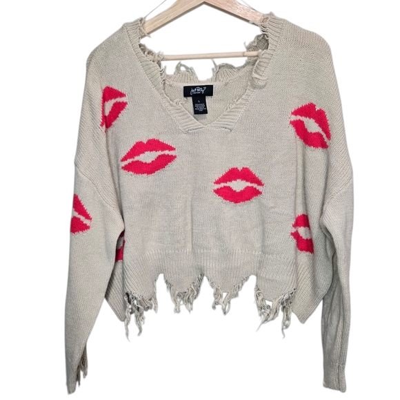 just polly Sweaters - Just Polly Distressed V-Neck Sweater with Lip Print